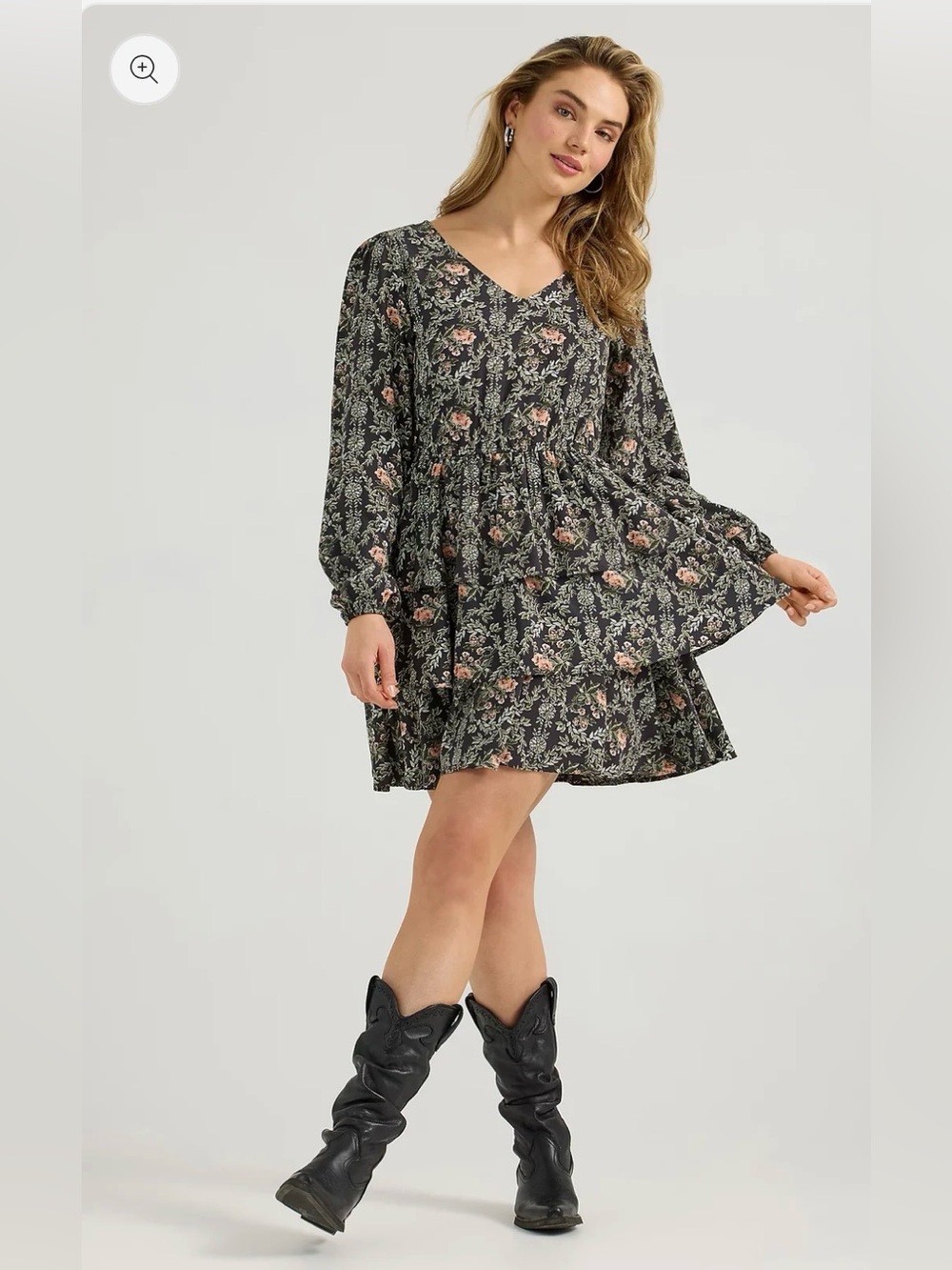 Wrangler Maeve Black Floral V-Neck Tiered Peplum Tunic with Pink Roses